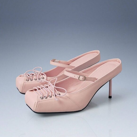 Pink Punk Women's Lace-Up Square Toe High Heel Pumps - Picture 2 of 5